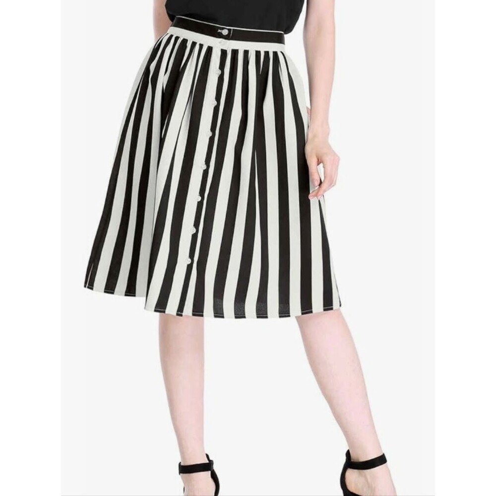 Allegra K Black White Striped Button Front Midi Skirt Size M